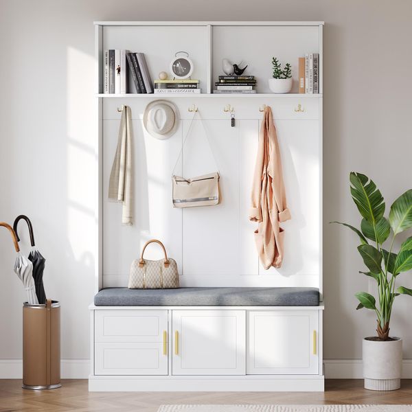 Appendiabiti Sweiko Con Panca Per Scarpe, Appendiabiti, 6 Ganci Tripli, Autoportante, Salvaspazio, Per Ingresso, Corridoio, Bianco, 120×40×191Cm-image