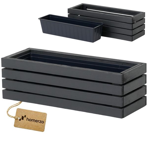 Fioriera In Legno Rettangolare - Impregnata Di Antracite, Con Inserto In Plastica - Fioriera Per Balcone, Giardino E Terrazza 65X23 H20-image