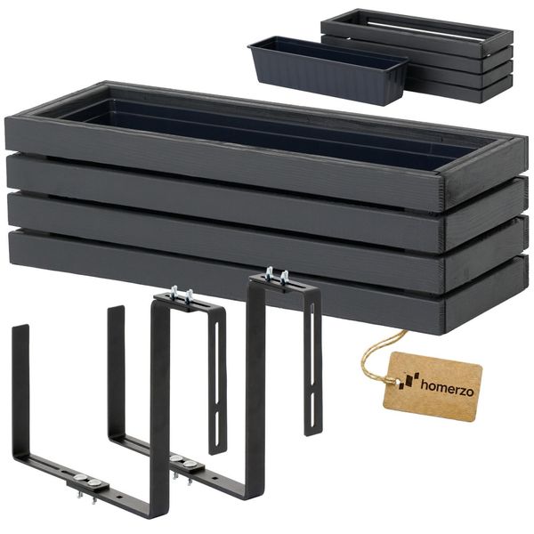 Fioriera In Legno Rettangolare - Impregnata Di Antracite, Con Inserto In Plastica - Fioriera Per Balcone 65X23 H20 + Supporto-image