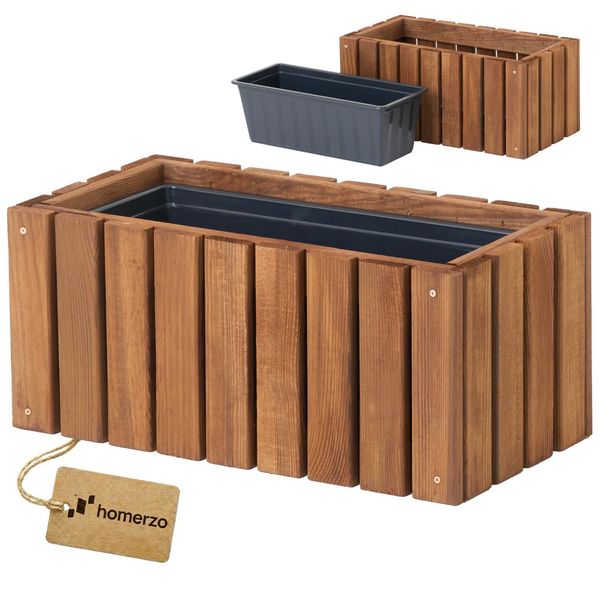 Fioriera In Legno Rettangolare - Impregnata Marrone, Con Inserto In Plastica - Fioriera Per Balcone, Giardino E Terrazza 45X23 H20-image