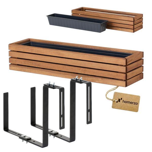 Fioriera In Legno Rettangolare - Impregnata Marrone, Con Inserto In Plastica - Fioriera Per Balcone 86X23 H20 + Supporto-image