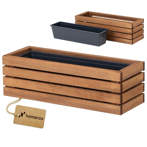 Fioriera In Legno Rettangolare - Impregnata Marrone, Con Inserto In Plastica - Fioriera Per Balcone, Giardino E Terrazza 65X23 H20-image