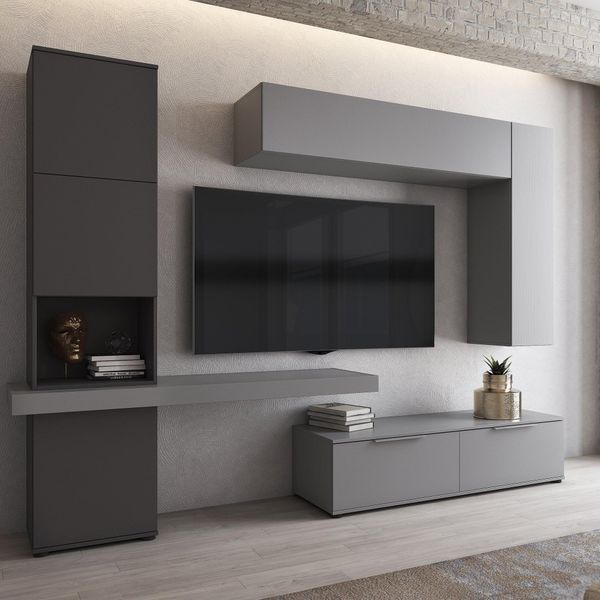 Dmora Parete Attrezzata Dubino 280X50X207H Cm Nero Antracite, 9 Ripiani Modulabile-image