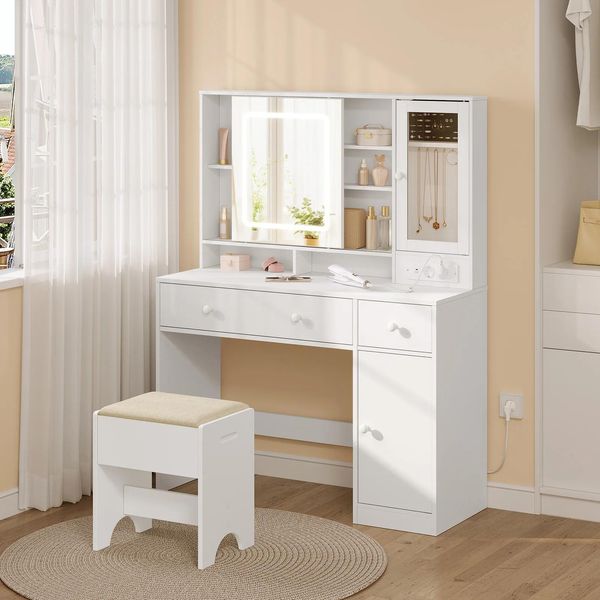 Tavolo Da Trucco - Tavolo Da Toeletta - Con Sgabello - Due Cassetti - Specchio - Dimensioni 108 X 40 X 139 Cm - Portata 50 Kg - Pannello Truciolare E1 + Vetro - Blu-image