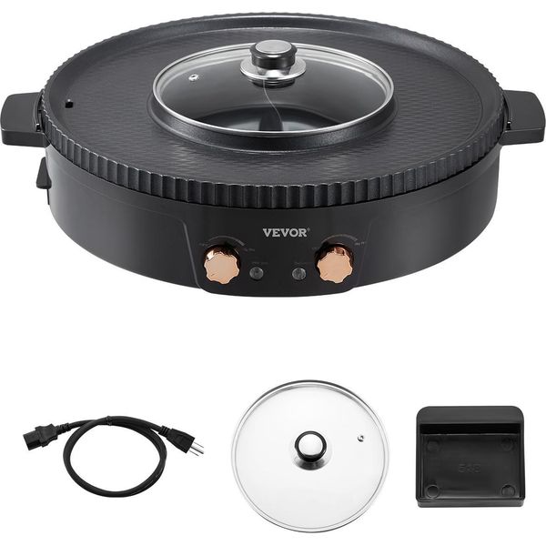 Vevor Hot Pot Con Grill 1800 W 2 In 1 Grill Elettrico Senza Fumo, Barbecue Coreano Pentola Da Fuoco Con Doppio Controllo Della Temperatura Separato, Padella Antiaderente, Per 2-8 Persone-image