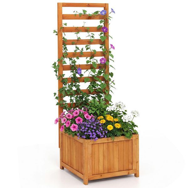 Fioriera Costway Con Traliccio, Fioriera Per Piante Rampicanti, Letto Rialzato Con Traliccio, Fodera E Fori Di Drenaggio, Vaso Da Fiori, Altezza 123 Cm (Arancione)-image