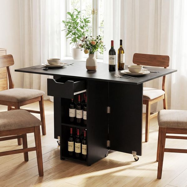 Costway Tavolo Da Pranzo Pieghevole, Tavolo Da Cucina Con Rotelle, Cassetto E 2 Ripiani, Tavolo Pieghevole Per 2-4 Persone, Tavolo Da Pranzo 120X72X75 Cm Nero-image