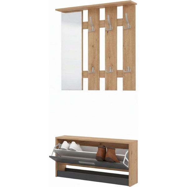 Dmora Mobile Da Ingresso Viggiano 92X28X202H Cm Nero Antracite, Specchio Incluso 3 Ripiani-image