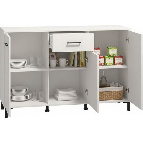 Dmora Credenza Laerru 138X40X90H Cm Bianco, 3 Ripiani Un Cassetto-image