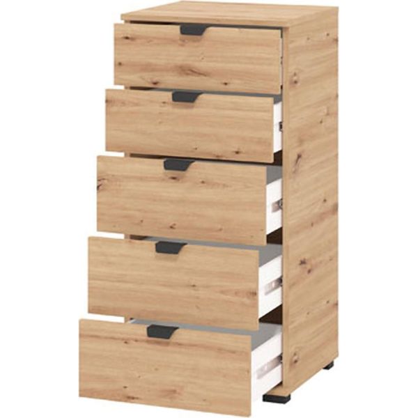 Dmora Cassettiera Mainarda 45X40X95H Cm Marrone Rovere Nodi, 5 Cassetti Apertura Scorrevole-image