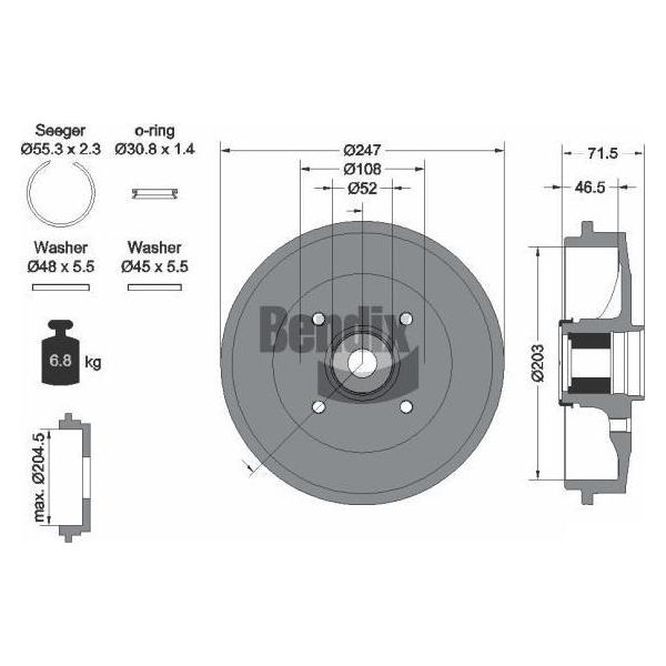 Bendix Braking BDM1129 Tamburo Del Freno Oe 424747 Compatibile Con 206-image
