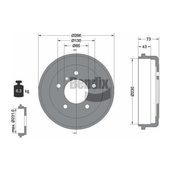 Bendix Braking BDM1003 Tamburo Del Freno Oe 6014235101 Compatibile Con T1-image