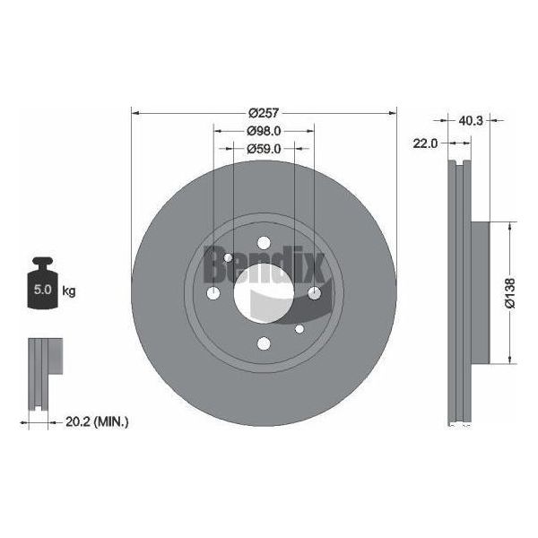 Bendix Braking BDS1016 Disco Freno Oe 60812137 Compatibile Con Mito, Nemo, 500, 500C, Bravo, Doblo, Fiorino, Idea, Linea, Panda, Punto, Qubo, Stilo, Dedra, Musa, Ypsilon, Bipper-image