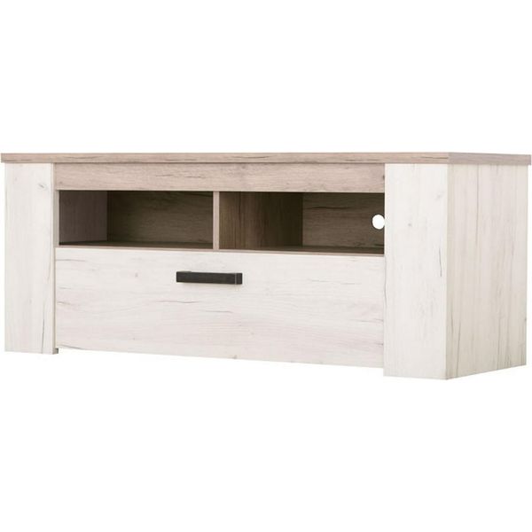 Dmora Mobile Porta Tv Castalda 123X44X50H Cm Bianco Larice, 3 Ripiani 4 Vani-image