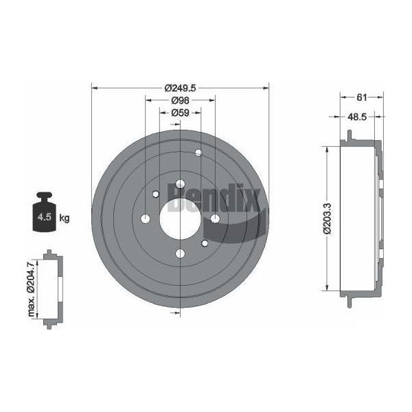 Bendix Braking BDM1042 Tamburo Freno Oe 51916180 Compatibile Con Alf. 145, Alf. 146, 500, Brava, Bravo, Fiorino, Idea, Marea, Panda, Punto, Qubo, Delta, Musa, Ypsilon-image