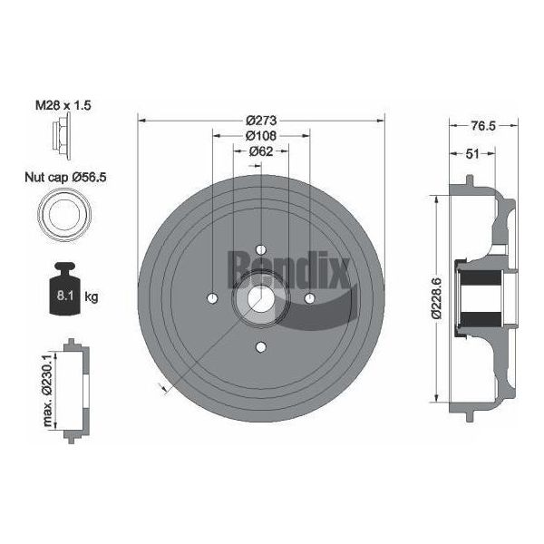 Bendix Braking BDM1111 Tamburo Del Freno Oe 424750 Compatibile Con C-Elysee, C3, DS3, 207, 208-image