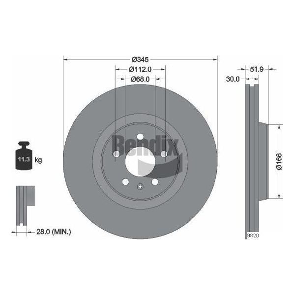 Bendix Braking BDS1335HC Disco Freno Oe 4G0615301 Compatibile Con A4 8K, A5 8T, A5 8F, A6 4G, A7 4G, Q5, Macan-image