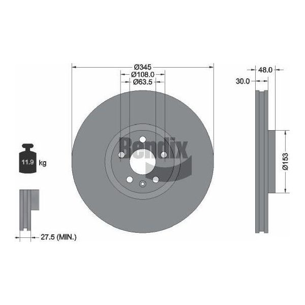Bendix Braking BDS1553HC Disco Freno Oe 31400568 Compatibile Con S60, S90, V60, V90, XC40, XC60, XC90-image