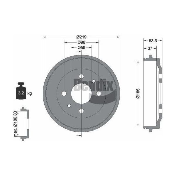 Bendix Braking BDM1004 Tamburo Del Freno Oe SE022165201A Compatibile Con Cinquecento, Elba, Panda, Premio, Uno, Y10, Ibiza, Malaga, Marbella, Terra-image