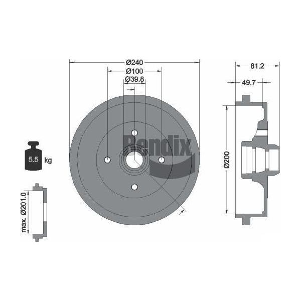 Bendix Braking BDM1006 Tamburo Del Freno Oe 115330192 Compatibile Con Cordoba, Ibiza, Toledo, Felicia, Caddy, Golf Iii, Polo 6N, Polo 6V, Polo Playa, Vento-image