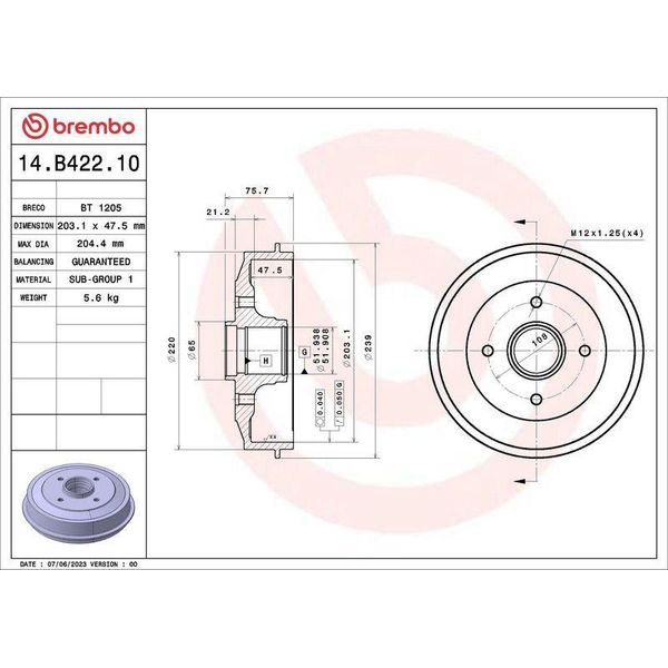 Brembo 14.B422.10 Tamburo Freno Oe 424759 Compatibile Con 301, 208, DS3, C4, C3, C-Elysee-image