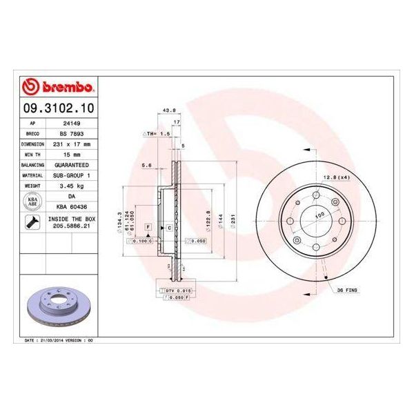 Brembo 09.3102.10 Disco Freno Oe 45251SB2750 Compatibile Con Insight, Civic-image