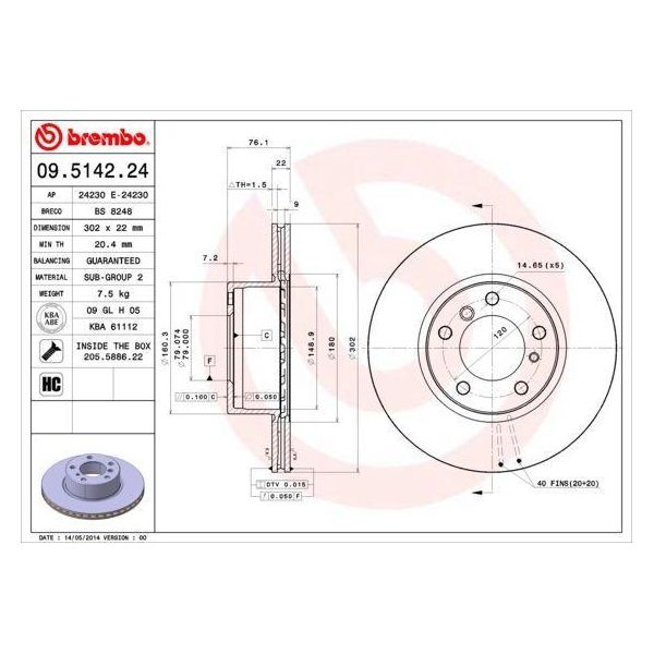Brembo 09.5142.24 Disco Freno Oe 34111158040 Compatibile Con Serie 7 E32, Serie 5 E34-image