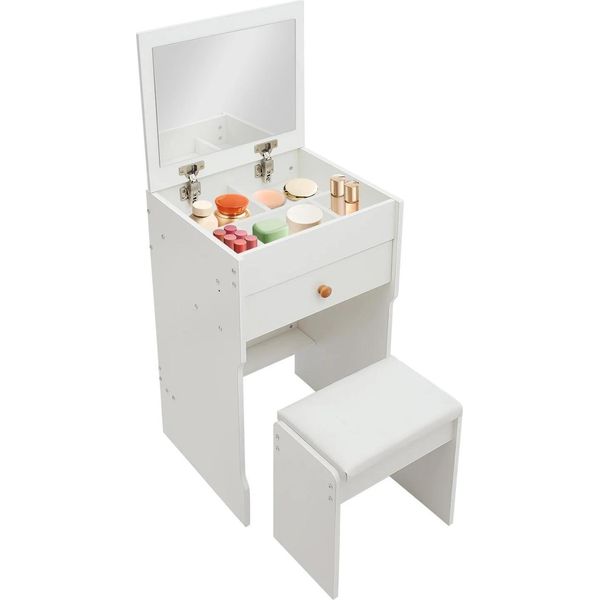 Set Da Toeletta - Tavolo Da Toeletta - Specchio Ribaltabile Con Vano Portaoggetti Nascosto - Piano Del Tavolo In Vetro - Sgabello Morbido - Dimensioni 40×37,5×72 Cm - Portata Tavolo/Sgabello 90 Kg - Bianco-image