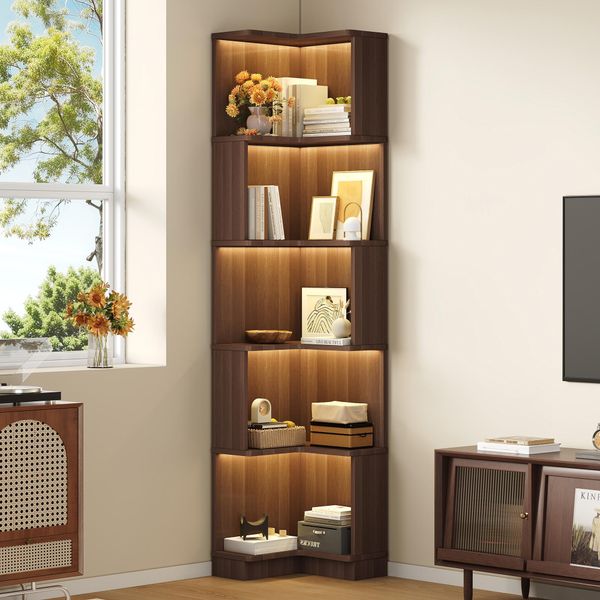 Libreria Angolare Merax, Con Striscia Luminosa A Led, 5 Ripiani Libreria A Forma Di L, Mobile Da Bagno, Per Soggiorno, Camera Da Letto, Ufficio, Marrone-image