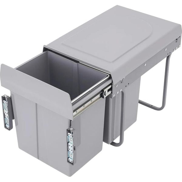 Pattumiera Estraibile - Mobile Sottostante Pattumiera Sistema Doppio - 2×20 L - Guide Scorrevoli - Separazione Dei Rifiuti Nascosta - Rettangolare - Ferro + Plastica - Grigio-image