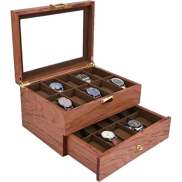 Scatola Portorologi E Valigetta Portorologi - Scatola Portaoggetti - Per 20 Orologi - 2 Ripiani - Coperchio In Acrilico Trasparente - Legno+Mdf - Palissandro-image