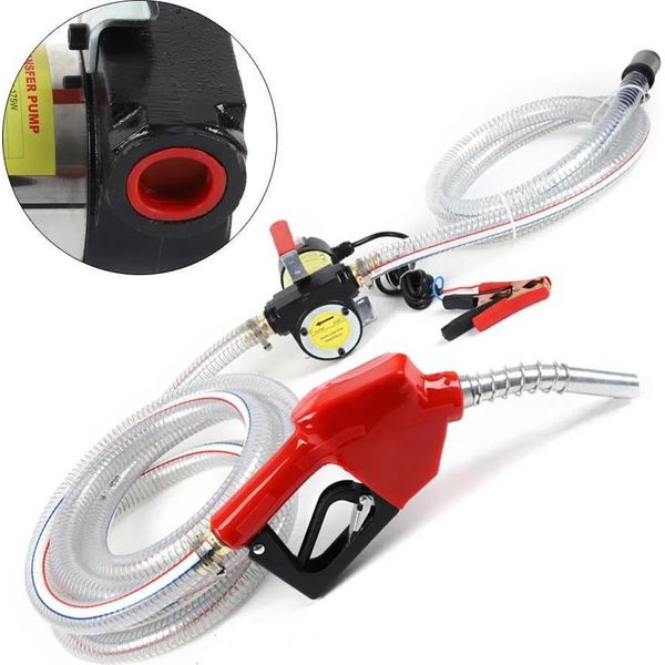 Pompa Diesel Per Trasferimento Carburante - Set Pompa 12 V - 50 L/Min - 200 W - Pompa Di Aspirazione Con Tubo Flessibile Trasparente Rinforzato Con Filo Metallico - Rosso-image