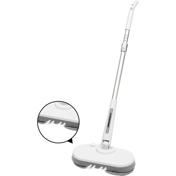 Mop Elettrico - Pulitore Per Pavimenti E Finestre 4 In 1 Senza Fili - Serbatoio Dell'acqua Da 350 Ml - Illuminazione A Led - Testina Girevole A 180° - Pads In Ciniglia - Manico In Alluminio - Bianco-image