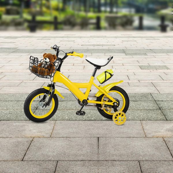 Bicicletta Per Bambini - Ruote Da 30,5 Cm - Per Bambini Dai 2 Ai 4 Anni - Regolabile In Altezza - Ruote Di Supporto - Cestino - Doppio Freno A V - Gialla-image