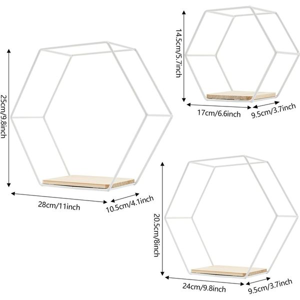 Mensola A Muro Hexagon - Set Di 3 Pezzi - Struttura In Metallo E Legno - Montaggio A Parete - Portata Circa 5 Kg Per Mensola - Bianco-image