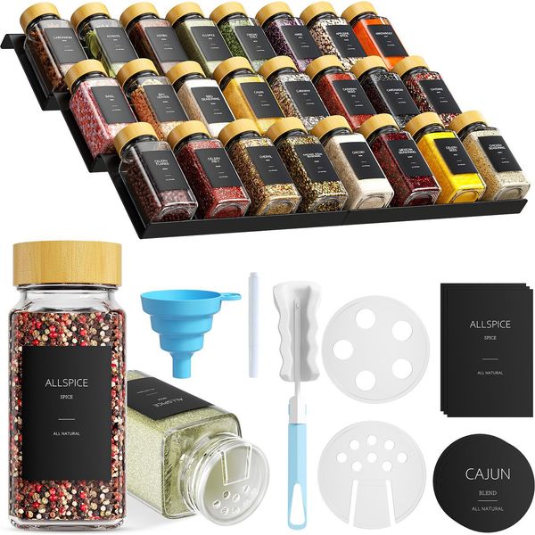 Barattoli Per Spezie In Vetro - Set Da 24 - 120 Ml - Con Coperchi In Bambù - Per Scaffale Delle Spezie E Conservazione - Trasparenti-image