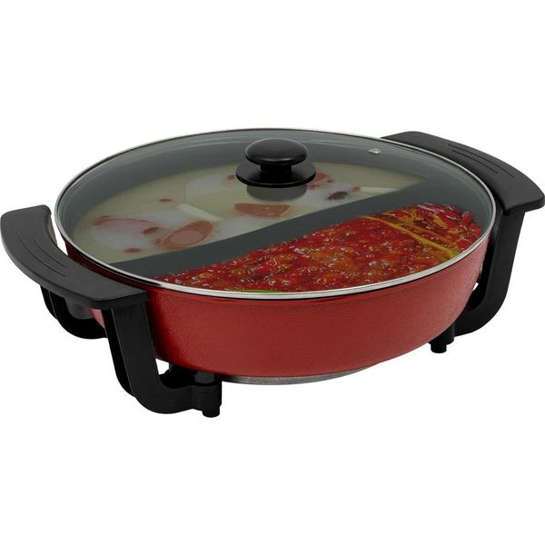 Pentola Elettrica Per Fonduta/Hotpot - Con Divisorio - Potenza 1360 W - Capacità 6 L - Regolazione Della Temperatura A 5 Livelli - Coperchio In Vetro - Nero-image