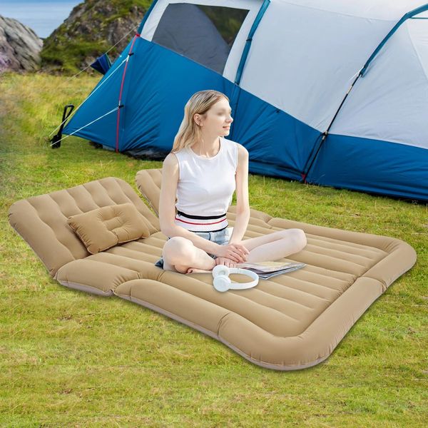 Materasso Gonfiabile Per Auto - Materasso Gonfiabile Suv - Con Pompa - 174 X 126 Cm - Portata 300 Kg - Pvc Floccato - Pieghevole - Beige-image