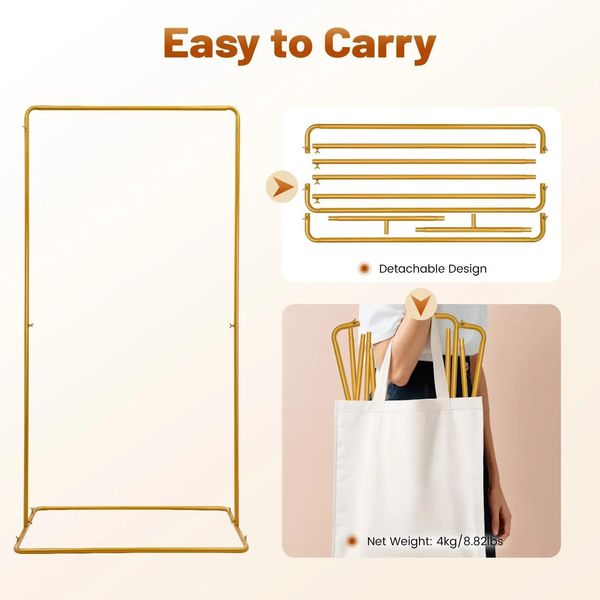 Arco Nuziale E Arco Con Palloncini - Supporto Rettangolare - Metallo - Dimensioni 105×62×200 Cm - Base Stabile - Taglia M - Oro-image