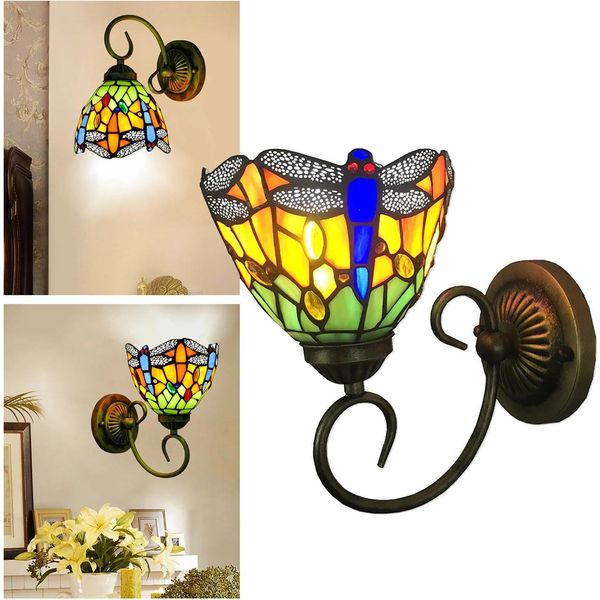Motivo Libellula In Vetro Colorato - Lampada Da Parete - Attacco E27 - 220 V Ca - Ferro E Vetro Colorato - Non Dimmerabile - Lampadina Non Inclusa - Multicolore-image