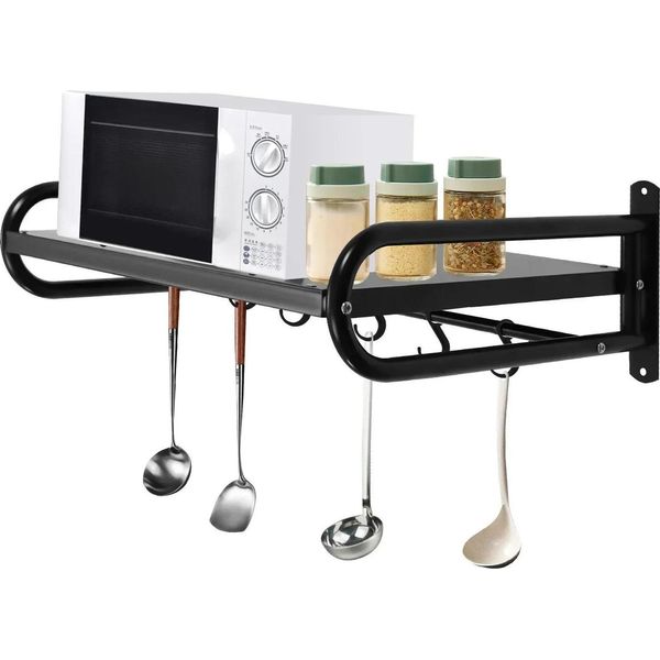 Ripiano Per Microonde - Supporto A Parete - Acciaio Per Carichi Pesanti - Impermeabile - 48 X 38 Cm - Organizzazione Della Cucina - Multifunzionale - Nero-image