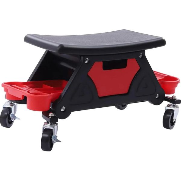 Sgabello Da Officina Con Rotelle - Sedia Da Meccanico/Creeper Seat - Con Rotelle - Ripiani Porta Attrezzi E Organizer - Per La Cura Dell'auto Lavaggio, Ceratura, Lucidatura - Nero-image