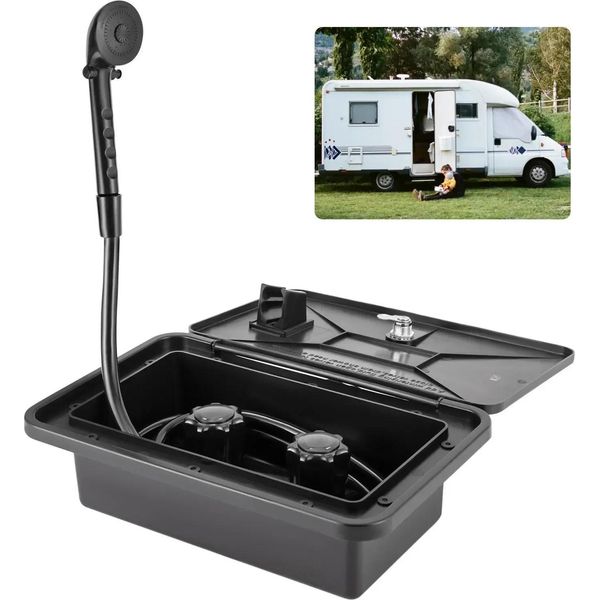 Doccia Esterna - Set Doccia/Box Doccia Per Camper - Miscelatore Caldo/Freddo - Soffione Doccia - Montaggio Esterno - Alloggiamento Chiuso - Per Camper, Barca, Roulotte - Nero-image