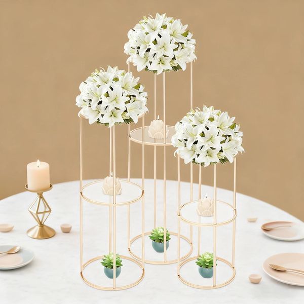 Set Di Supporti Per Fiori - Piedistalli Rotondi - 3 Pezzi - Metallo - Altezza 100 Cm - Per Matrimoni, Compleanni, Decorazioni Per Feste - Oro-image