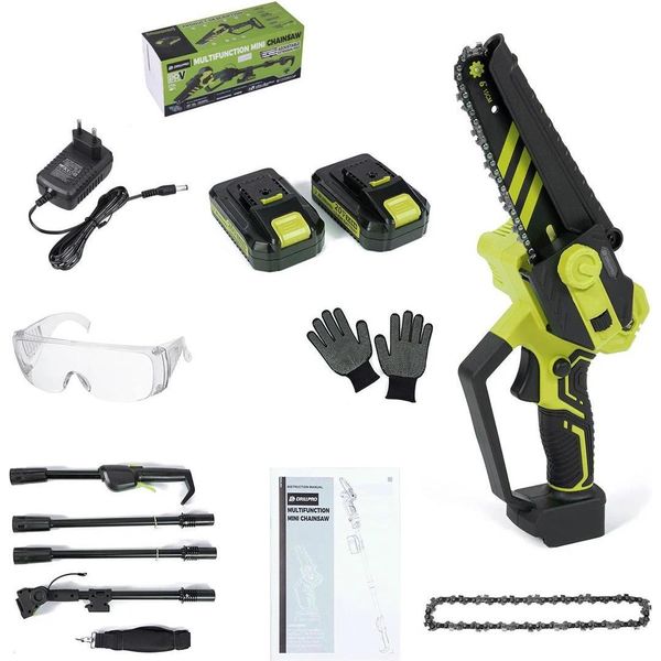 Mini Motosega A Batteria - Seghetto Per Rami - Motore Brushless - 2 Batterie - Lama Da 15 Cm - Verde-image