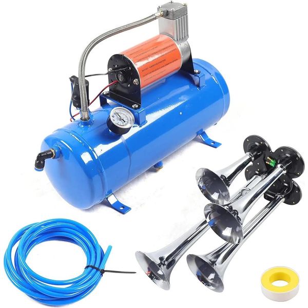 Set Tromba Ad Aria Compressa - Tromba Da Treno 12 V Cc Con Compressore - 150 Psi - Serbatoio Aria 6 L - 23 A - Dimensioni 46×20,5×24 Cm - Blu-image