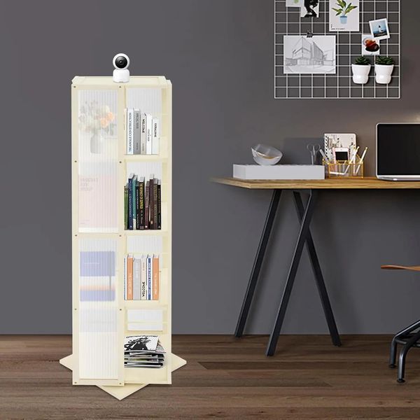 Libreria - 4 Ripiani Girevoli A 360° - Bambù E Acrilico - Contenitore Multifunzionale - 34,5 X 34,5 X 123 Cm - Stile Moderno - Bianco Crema-image