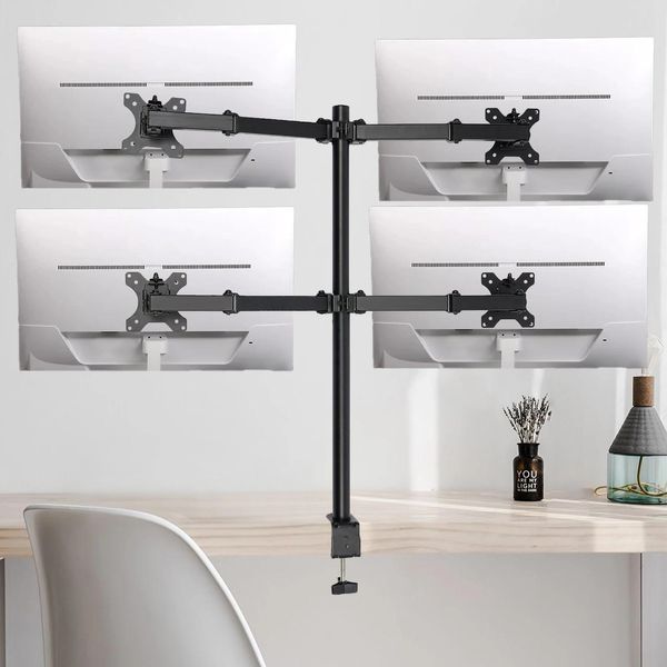 Supporto Per Monitor - Supporto Da Tavolo Per 4 Schermi - Bracci Ruotabili A 360° - Regolabile In Altezza - Capacità Di Carico 9 Kg - Per Monitor Da 25-51 Cm - Nero-image