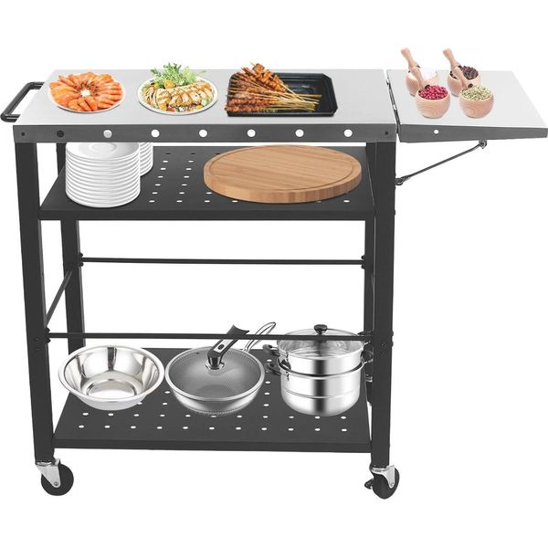 Carrello Barbecue Con Tavolo - Carrello Da Cucina - 4 Ripiani - Con Ruote Bloccabili - Tavolino Laterale Ribaltabile - Acciaio Inox E Acciaio - Nero-image