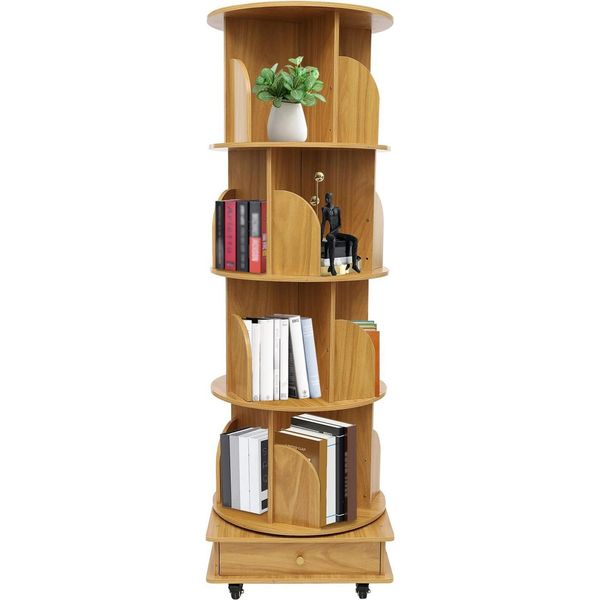 Libreria - Girevole A 4 Ripiani - Ruotabile A 360° - 4 Rotelle Piroettanti - Legno Massello E Metallo - 46×46×142 Cm - Legno Chiaro-image